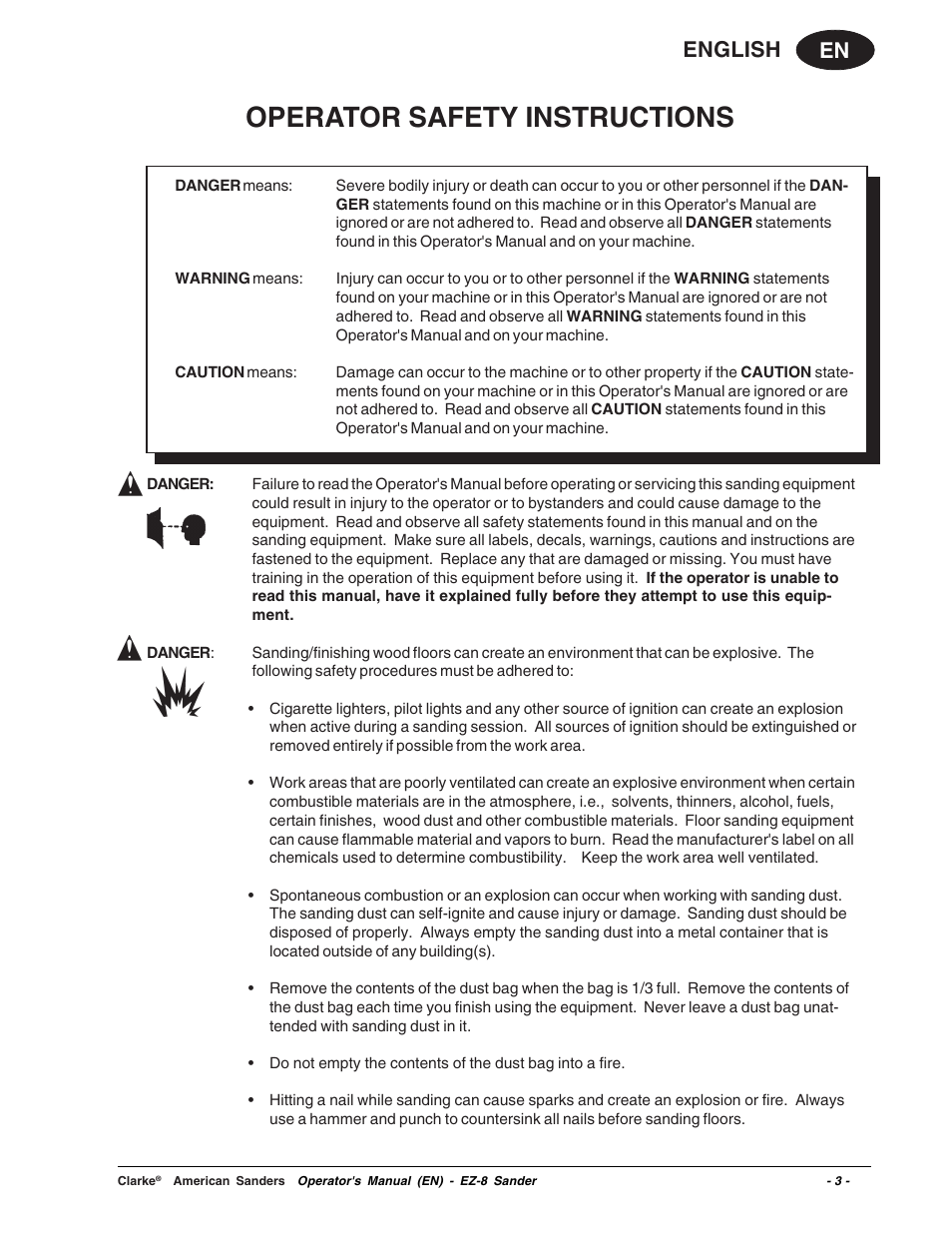 Operator safety instructions, En english | Clarke EZ-8 User Manual | Page 3 / 46