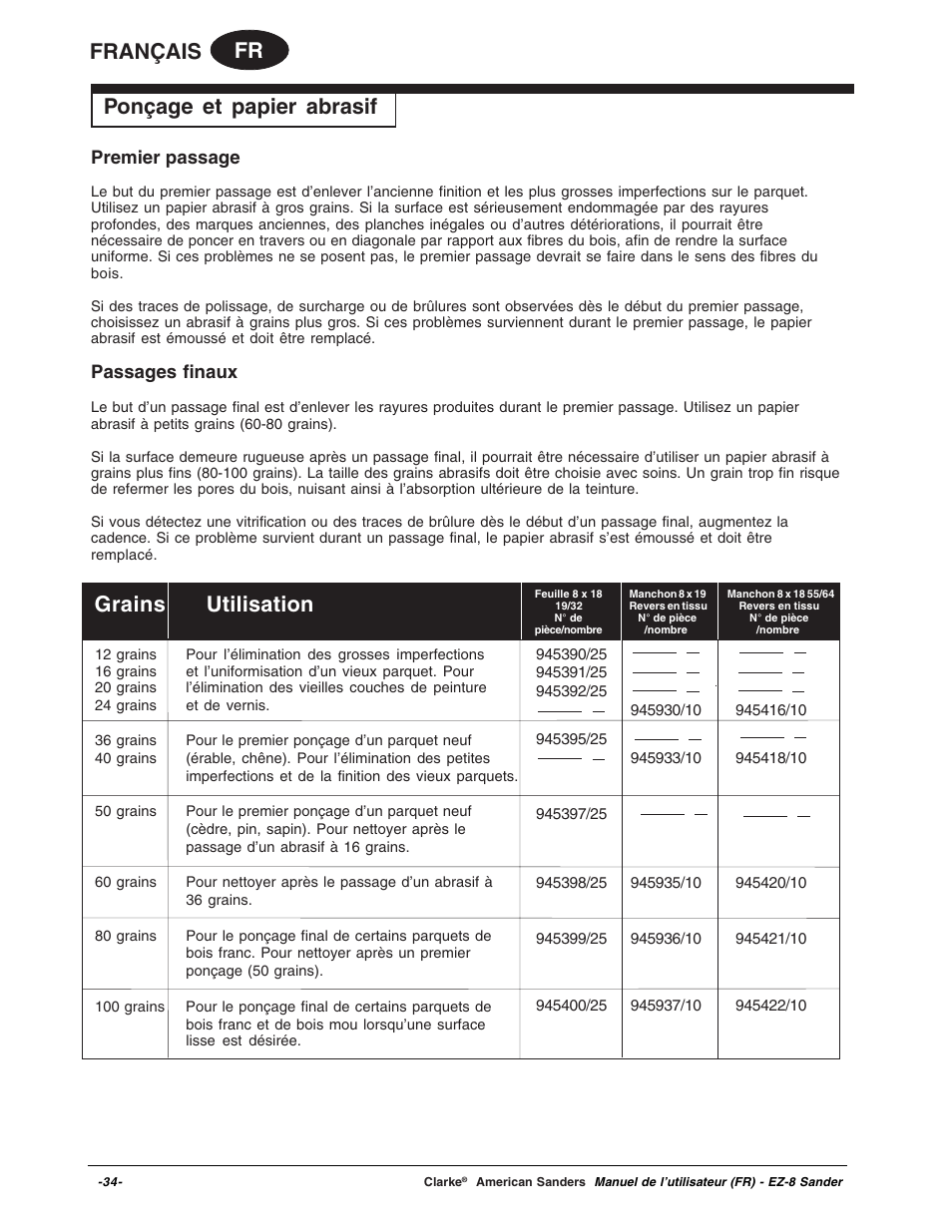 Fr français, Ponçage et papier abrasif, Grains utilisation | Premier passage, Passages finaux | Clarke EZ-8 User Manual | Page 34 / 46