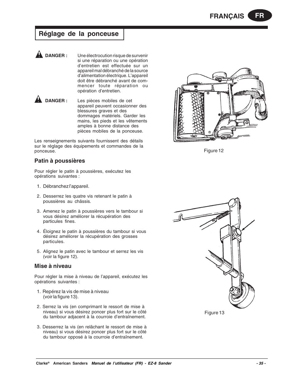 Fr français réglage de la ponceuse, Patin à poussières, Mise à niveau | Clarke EZ-8 User Manual | Page 35 / 46