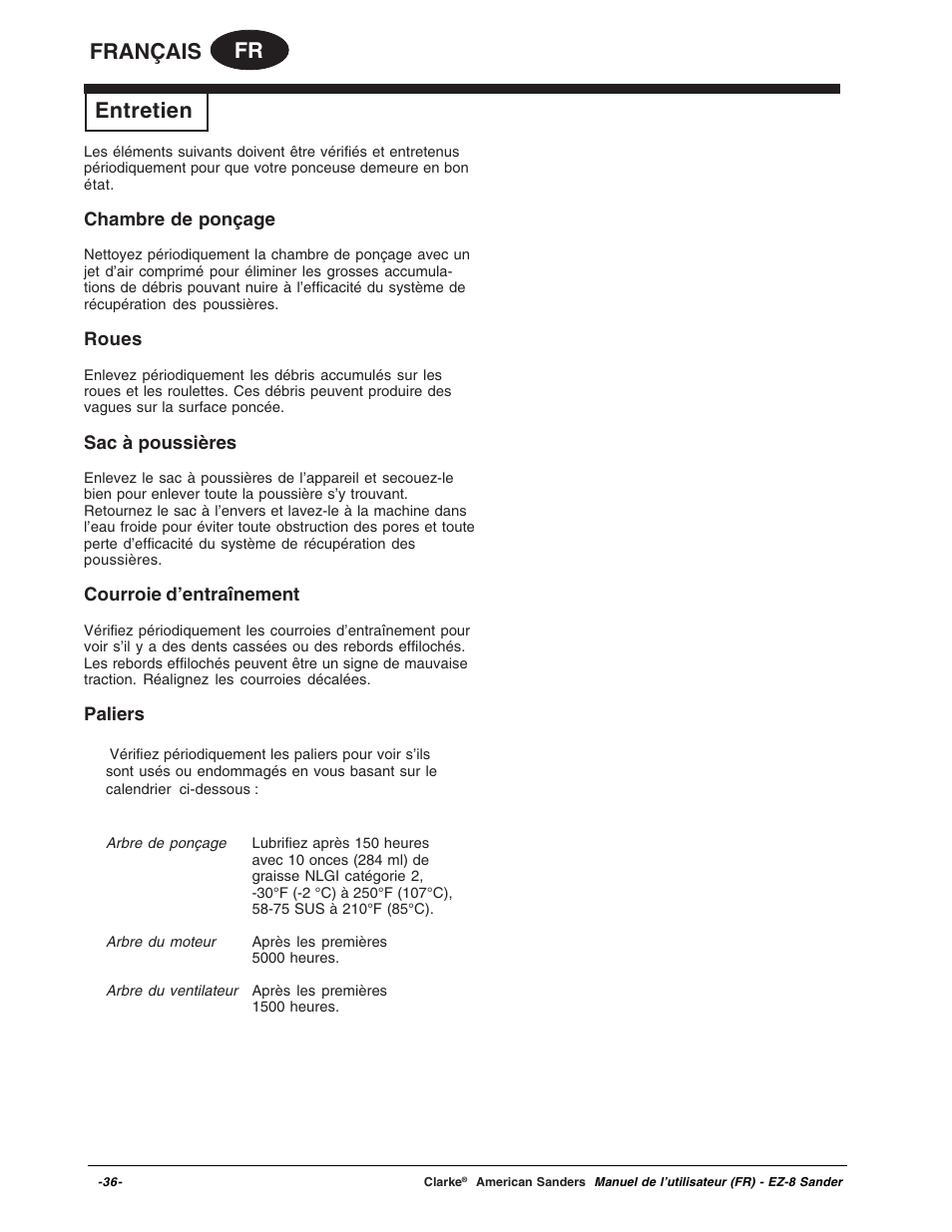 Fr français entretien | Clarke EZ-8 User Manual | Page 36 / 46