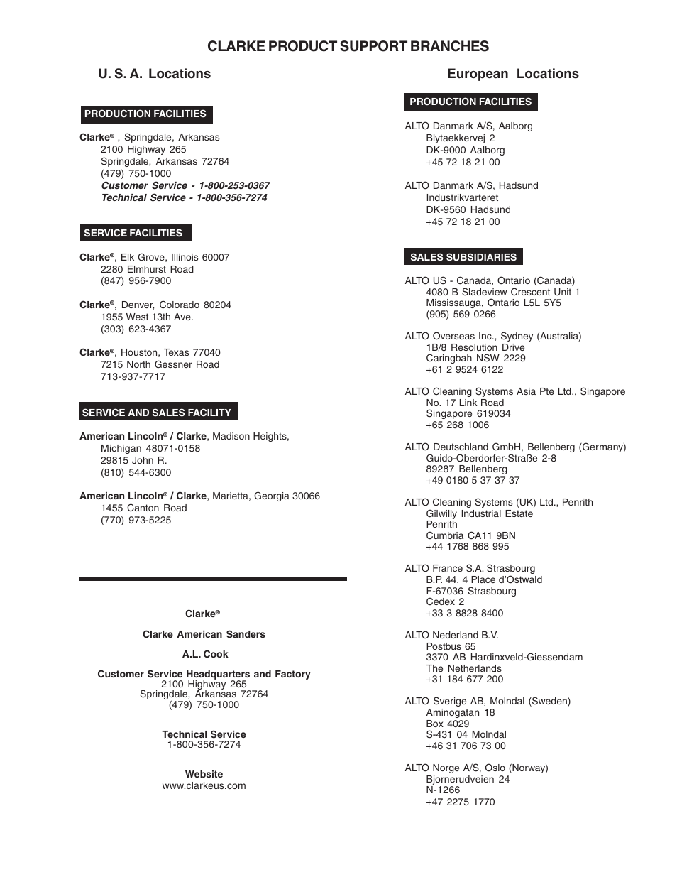 Clarke product support branches, U. s. a. locations european locations | Clarke EZ-8 User Manual | Page 45 / 46