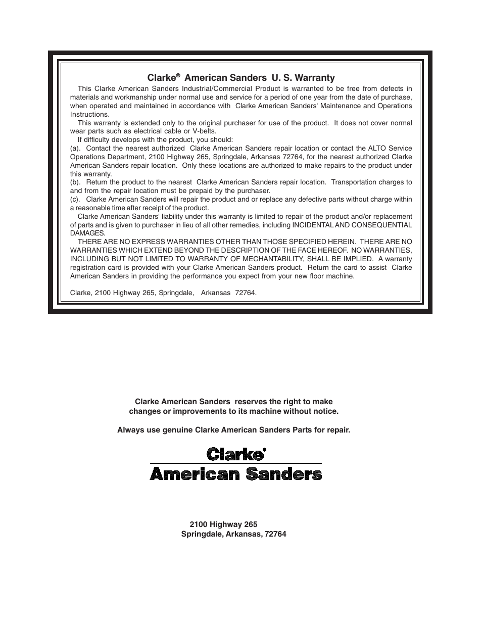 Clarke, American sanders u. s. warranty | Clarke EZ-8 User Manual | Page 46 / 46