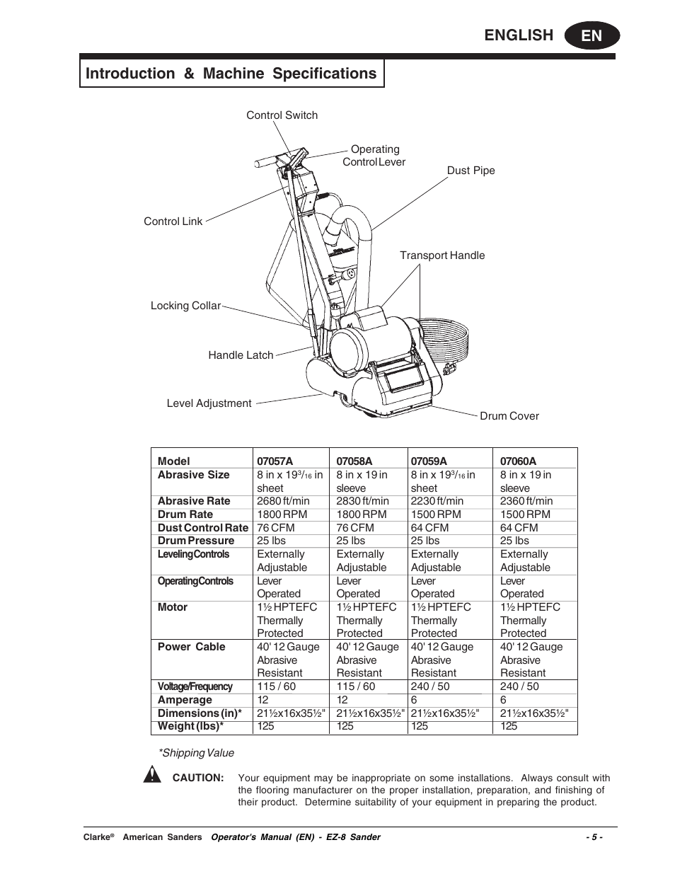 En english, Introduction & machine specifications | Clarke EZ-8 User Manual | Page 5 / 46