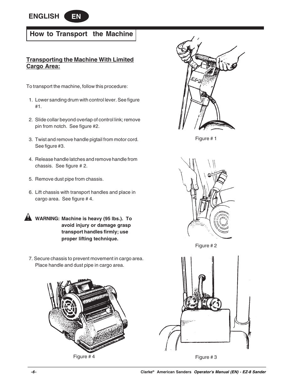 En english, How to transport the machine | Clarke EZ-8 User Manual | Page 6 / 46