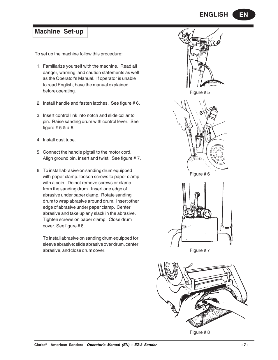 En english, Machine set-up | Clarke EZ-8 User Manual | Page 7 / 46