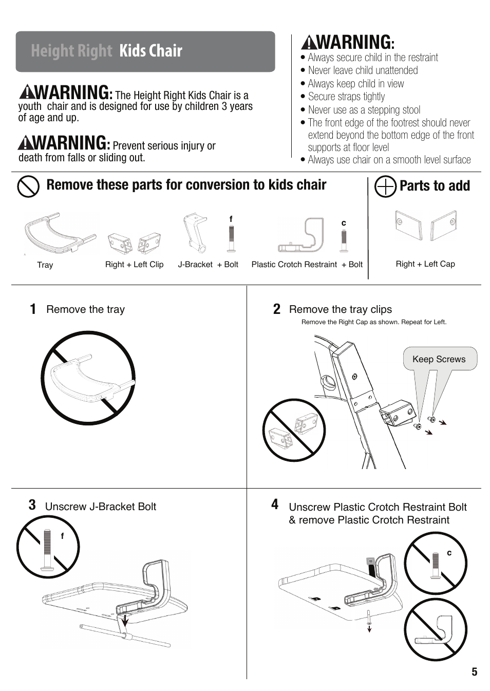 Warning, Height right, Kids chair | Keekaroo Height Right High Chair + Tray User Manual | Page 6 / 8