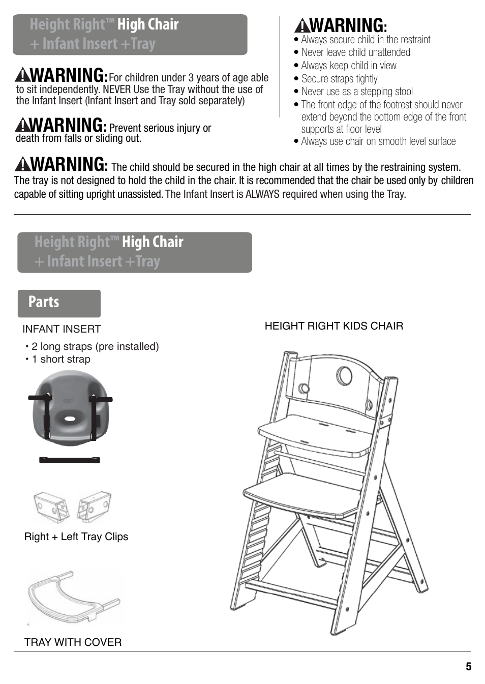 Warning, Height right™ high chair + infant insert +tray, Parts | Keekaroo Height Right High Chair + Infant Insert + Tray + Tray Cover User Manual | Page 2 / 7