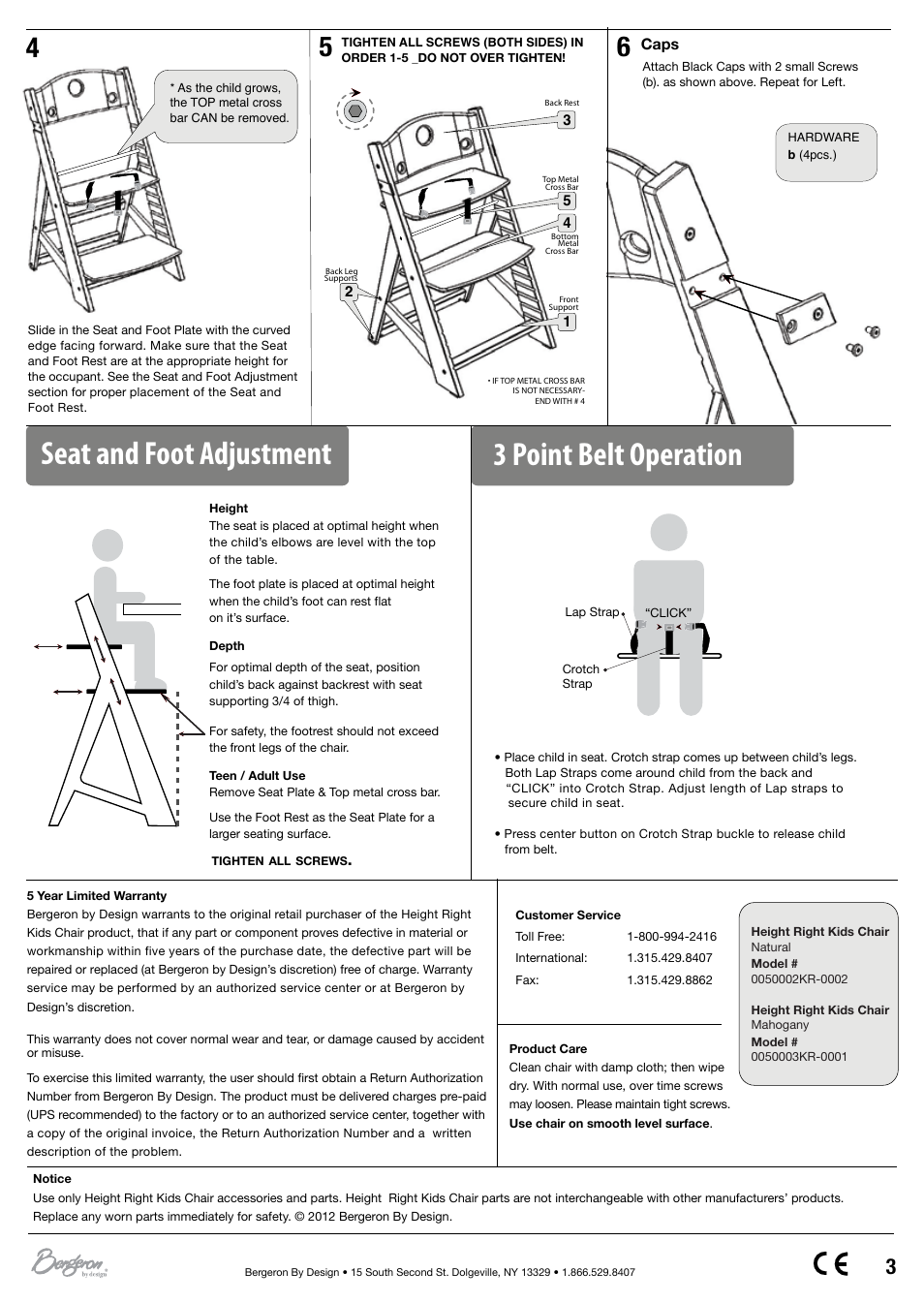 Seat and foot adjustment, 3 point belt operation | Keekaroo Height Right High Chair + Infant Insert + Tray + Tray Cover User Manual | Page 7 / 7