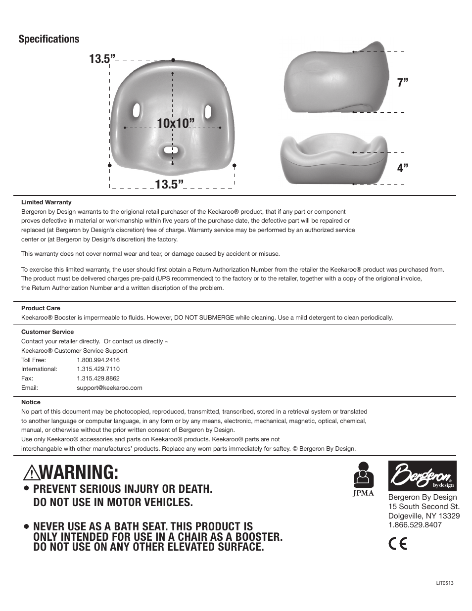 Warning, 10x10, Specifications | Keekaroo Cafe Booster Seat User Manual | Page 2 / 2