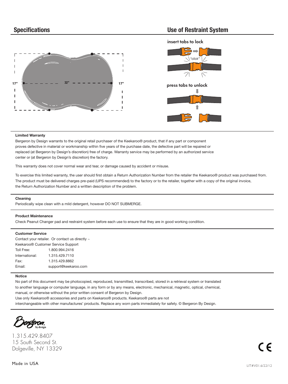 Specifications use of restraint system | Keekaroo Peanut Diaper Changer User Manual | Page 2 / 2