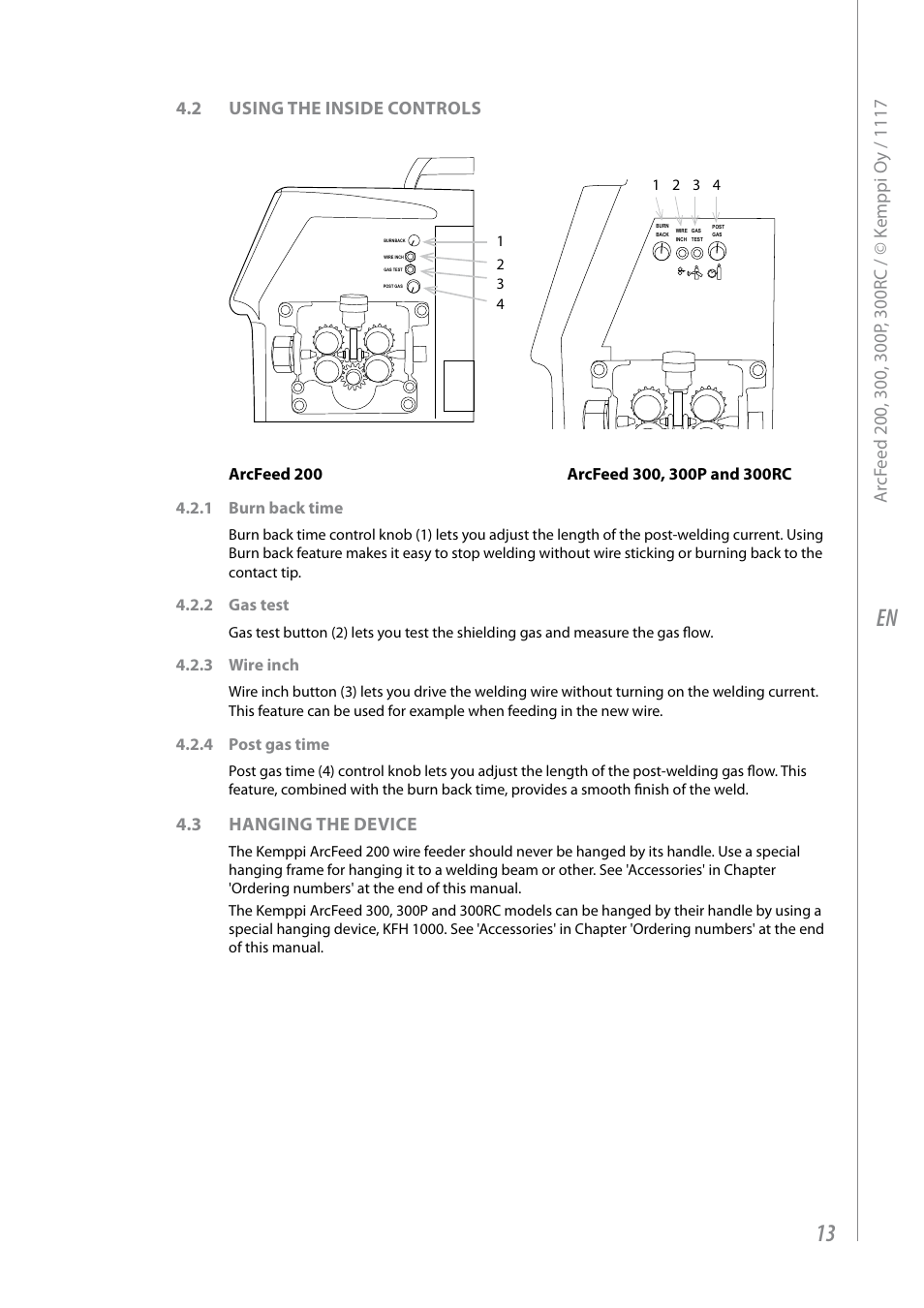 2 using the inside controls, 3 hanging the device | Kemppi ArcFeed 200 User Manual | Page 15 / 20