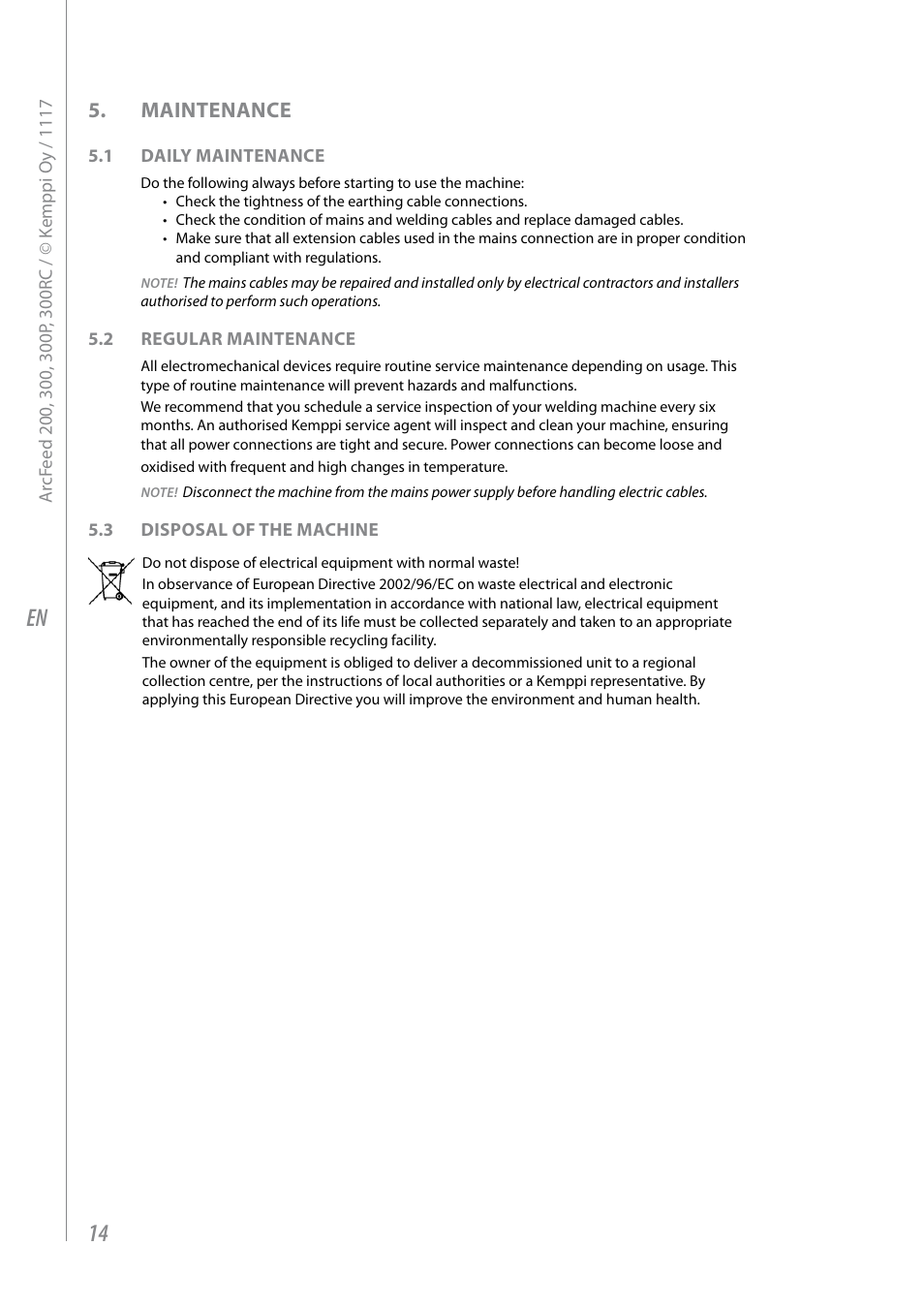 Maintenance | Kemppi ArcFeed 200 User Manual | Page 16 / 20