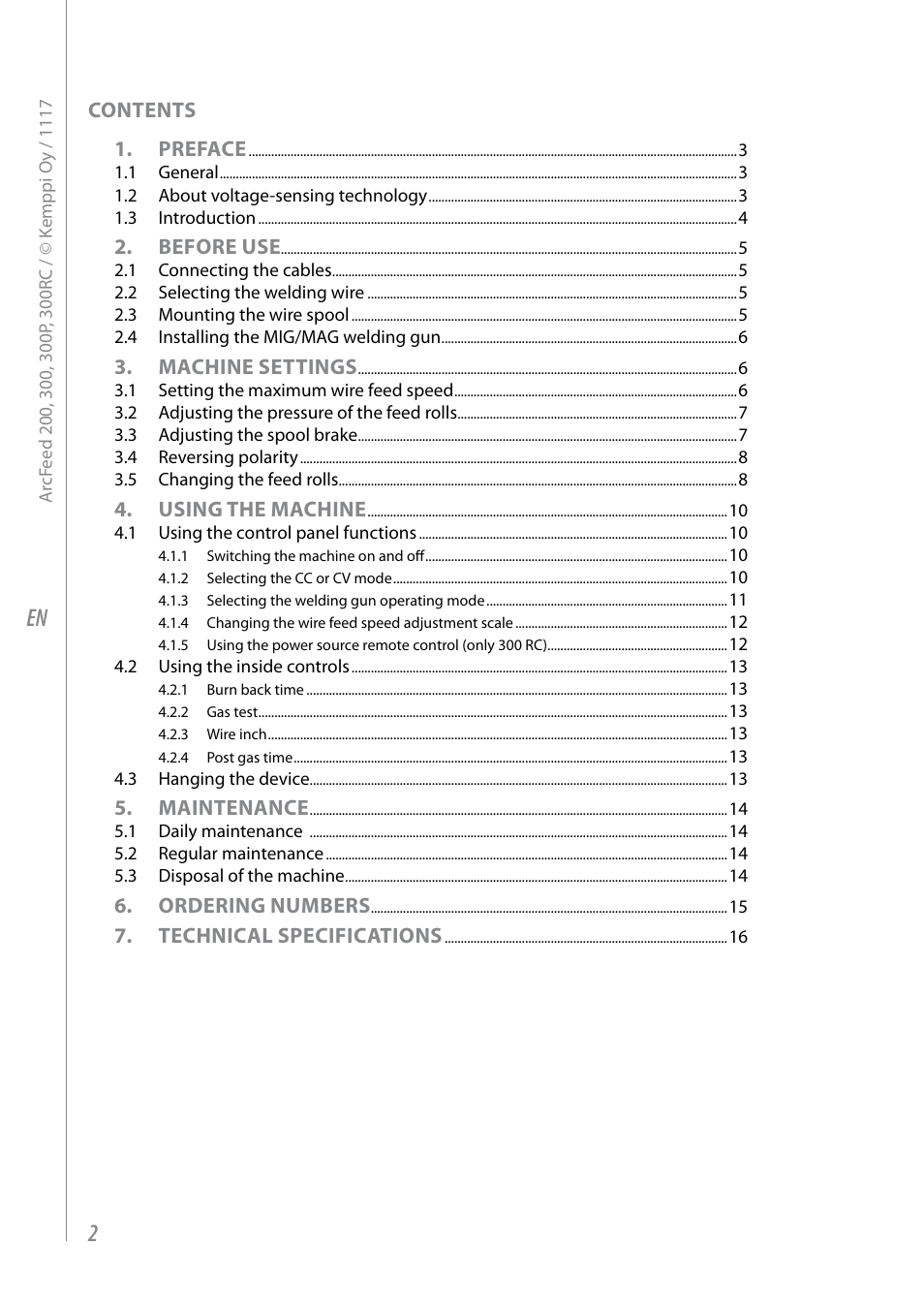 Contents 1. preface, Before use, Machine settings | Using the machine, Maintenance, Ordering numbers, Technical specifications | Kemppi ArcFeed 200 User Manual | Page 4 / 20
