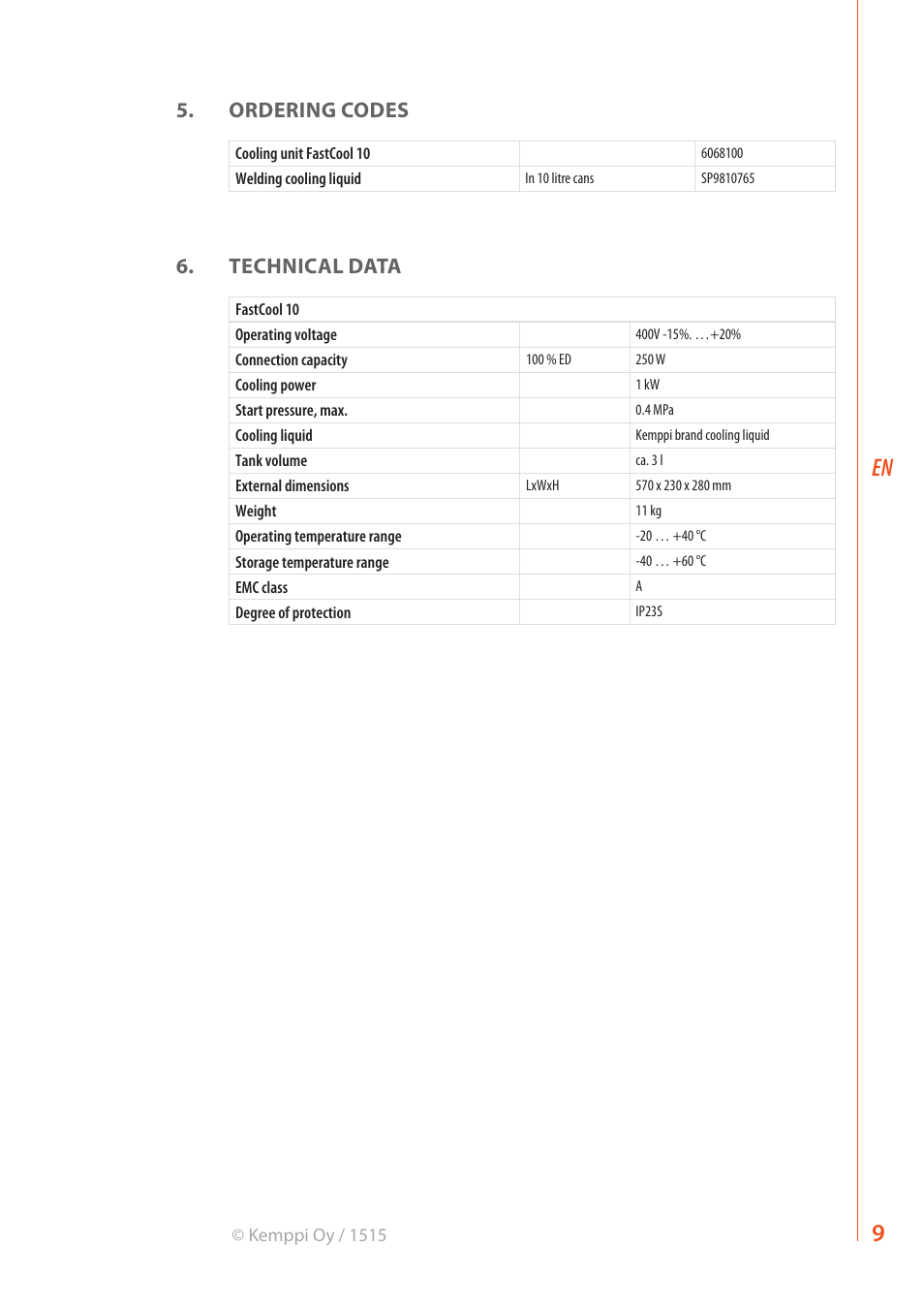 Ordering codes, Technical data | Kemppi FastCool 10 User Manual | Page 11 / 12