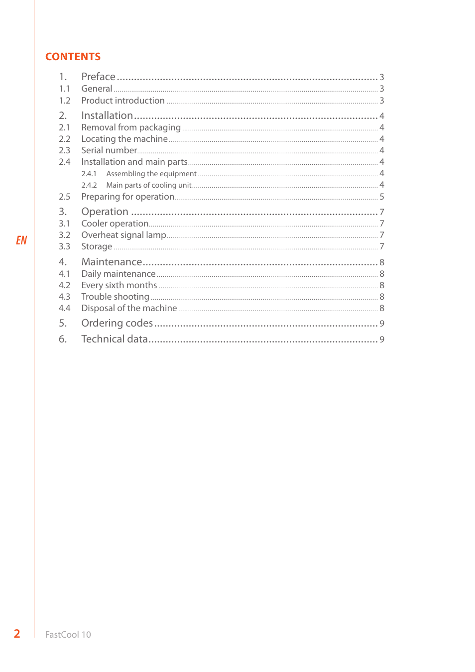 Contents 1. preface, Installation, Operation | Maintenance, Ordering codes, Technical data | Kemppi FastCool 10 User Manual | Page 4 / 12