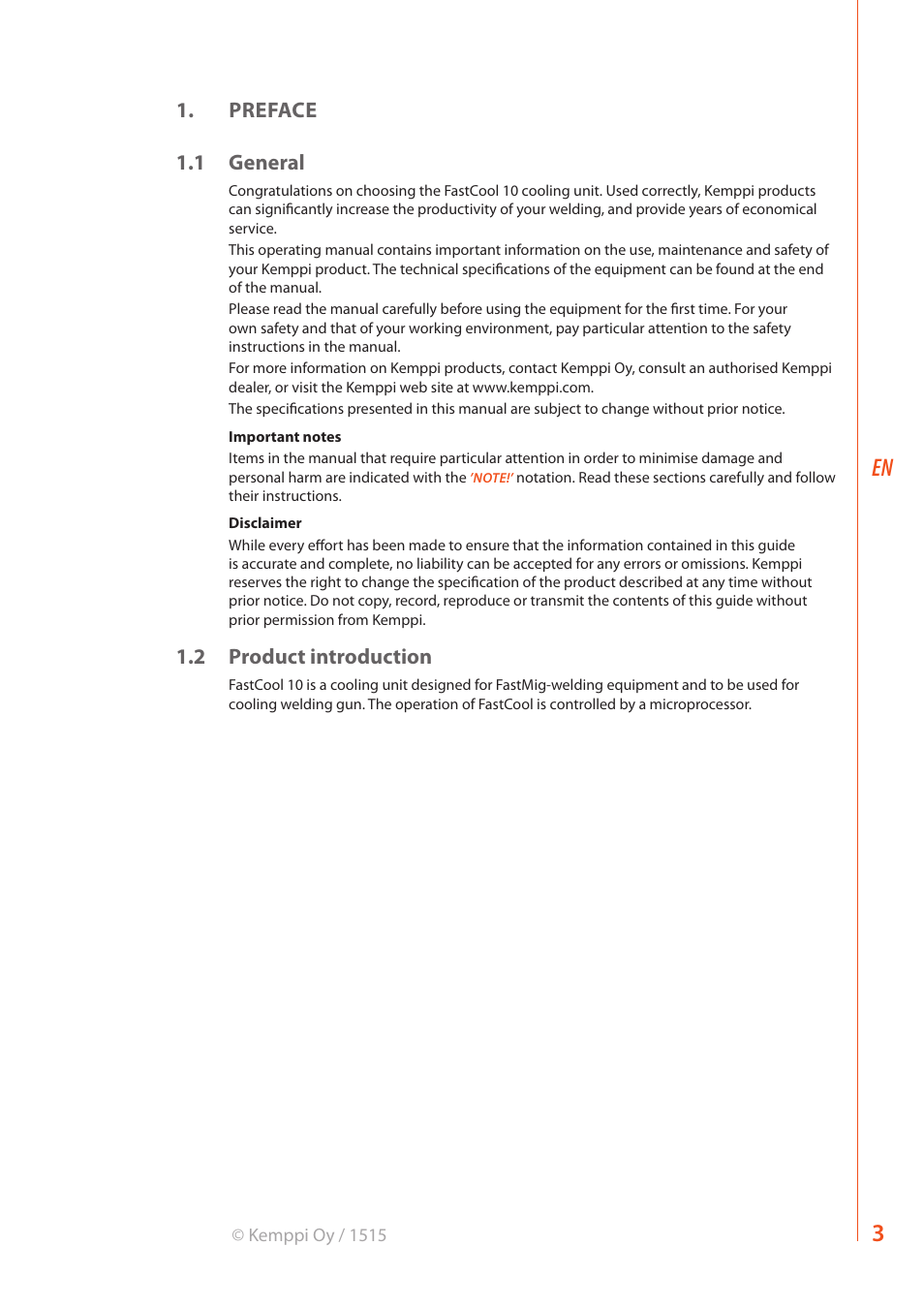 Preface 1.1 general, 2 product introduction | Kemppi FastCool 10 User Manual | Page 5 / 12
