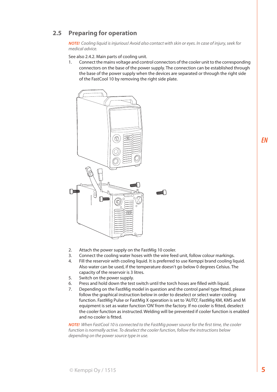 5 preparing for operation | Kemppi FastCool 10 User Manual | Page 7 / 12