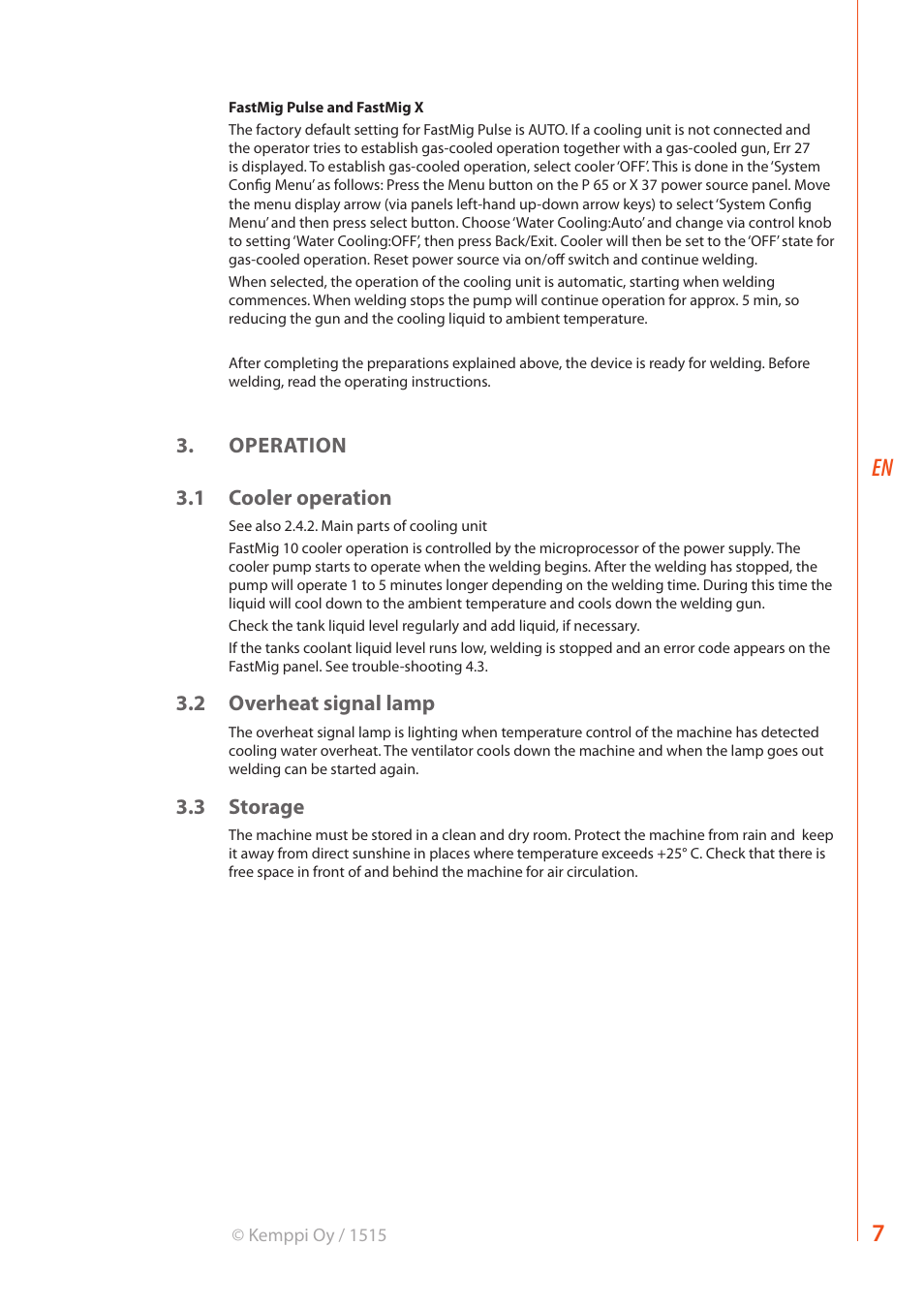 Operation 3.1 cooler operation, 2 overheat signal lamp, 3 storage | Kemppi FastCool 10 User Manual | Page 9 / 12