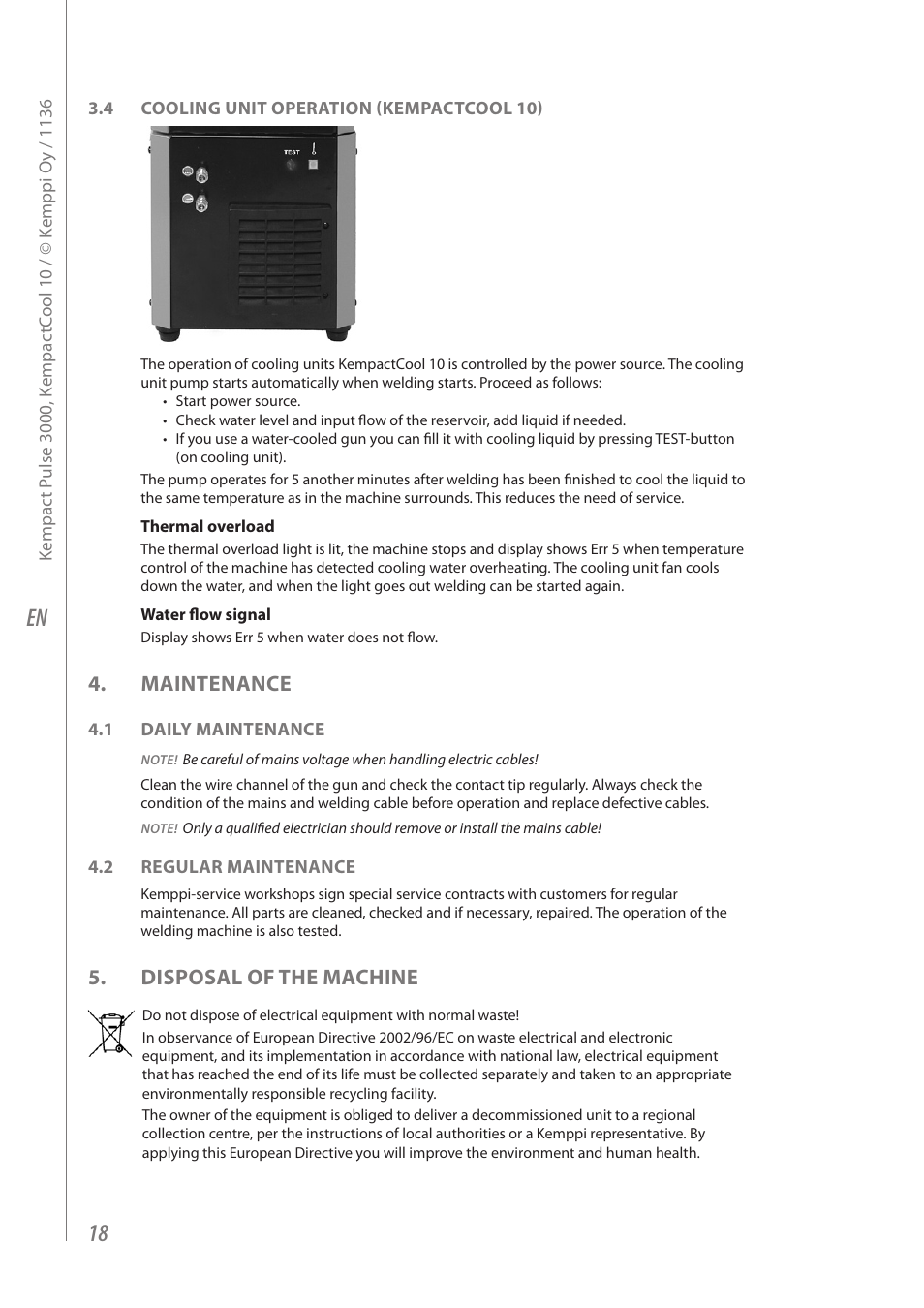 Maintenance, Disposal of the machine | Kemppi Kempact Pulse 3000 User Manual | Page 20 / 24