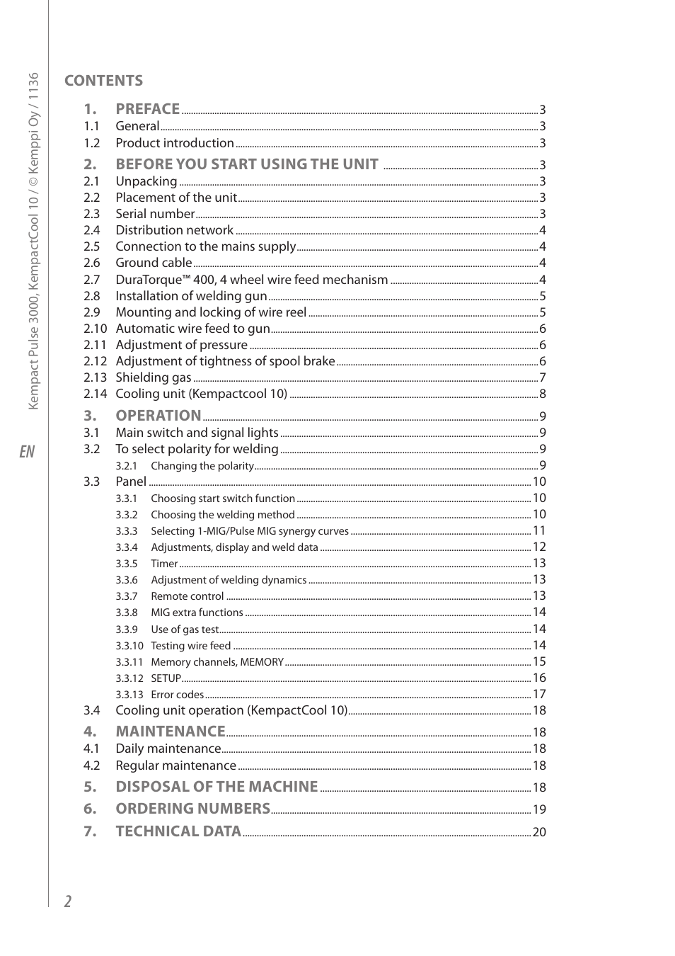 Contents 1. preface, Before you start using the unit, Operation | Maintenance, Disposal of the machine, Ordering numbers, Technical data | Kemppi Kempact Pulse 3000 User Manual | Page 4 / 24