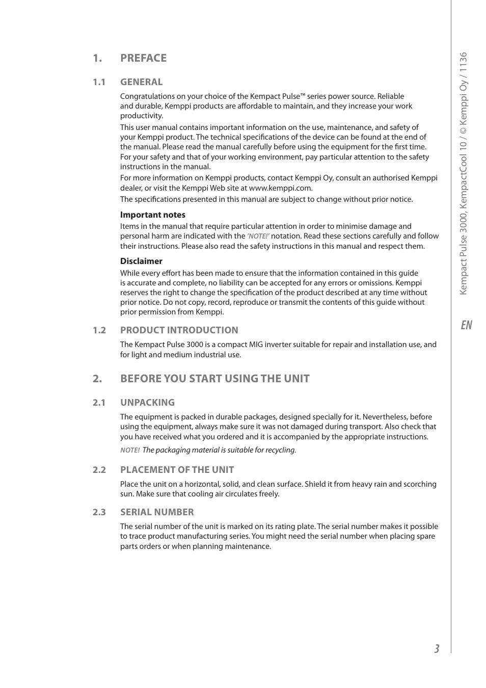 Preface, Before you start using the unit | Kemppi Kempact Pulse 3000 User Manual | Page 5 / 24