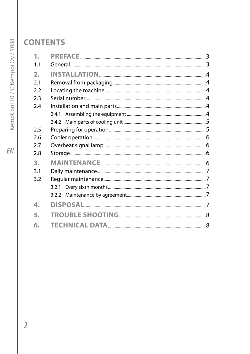 En contents, Preface, Installation | Maintenance, Disposal, Trouble shooting, Technical data | Kemppi KempCool 10 User Manual | Page 4 / 12