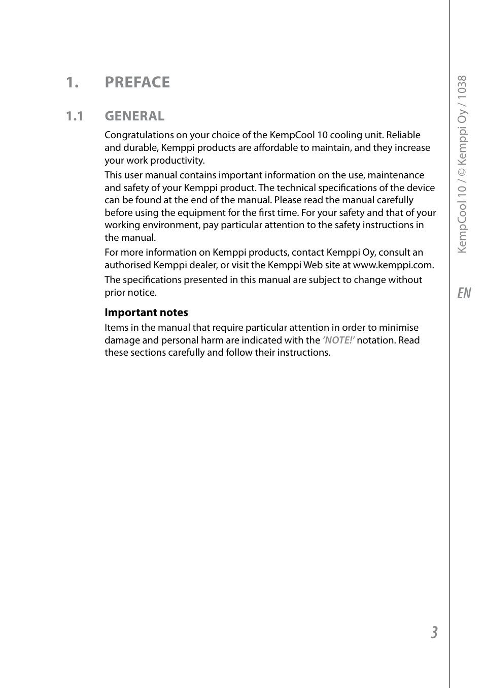 En 1. preface, 1 general | Kemppi KempCool 10 User Manual | Page 5 / 12