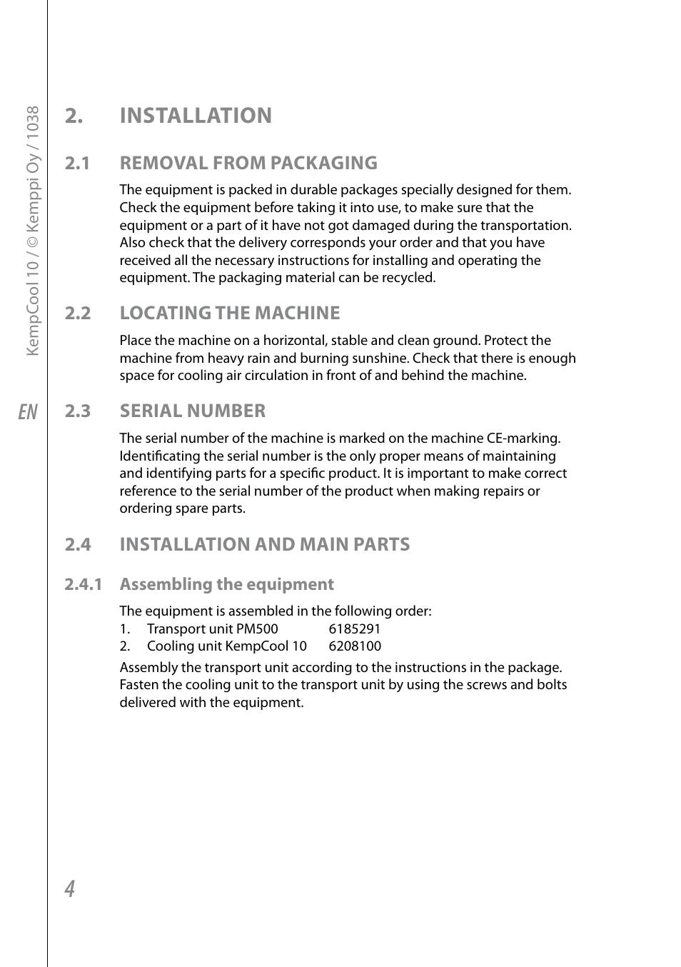 En 2. installation, 1 removal from packaging, 2 locating the machine | 3 serial number, 4 installation and main parts | Kemppi KempCool 10 User Manual | Page 6 / 12
