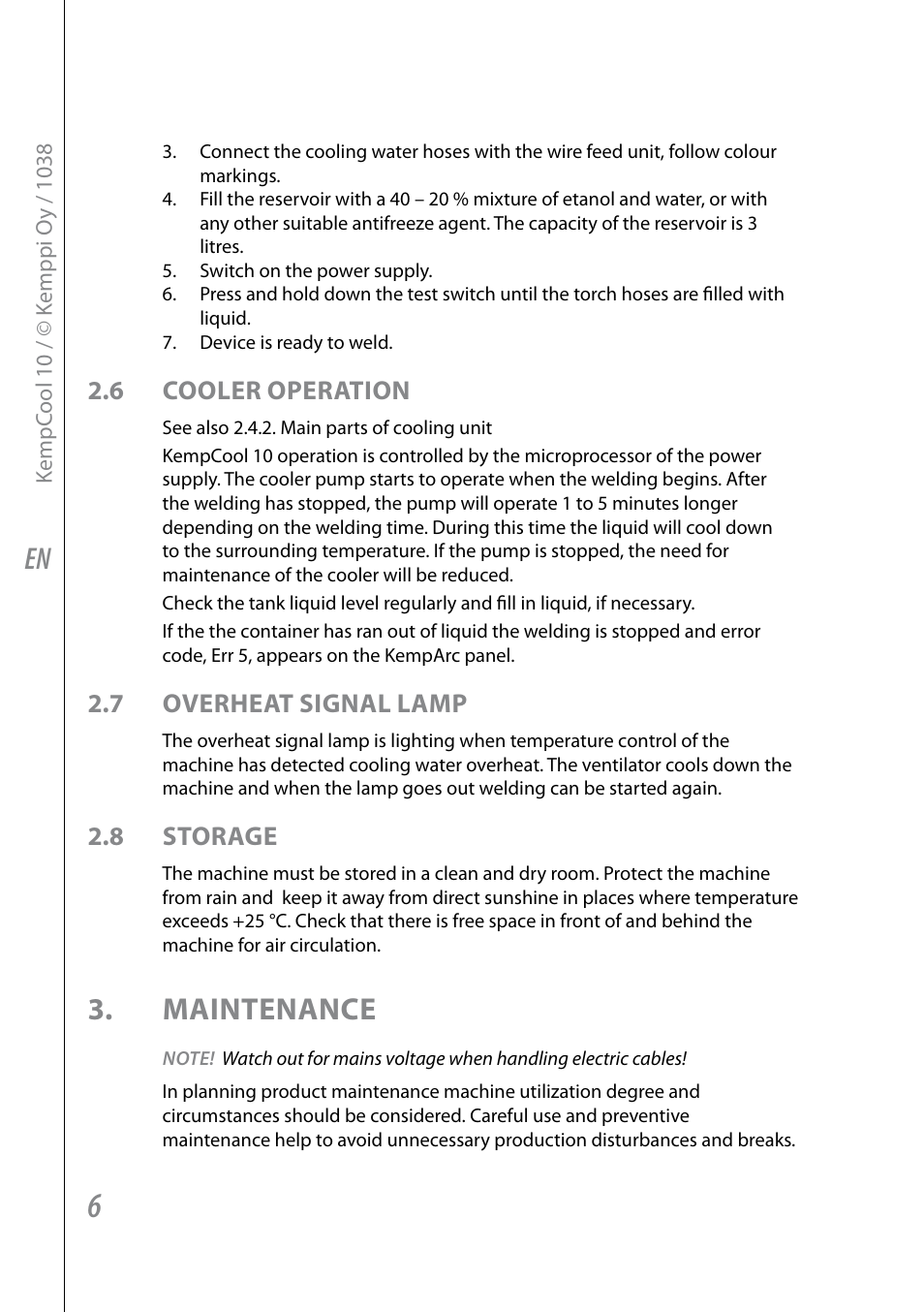 Maintenance, 6 cooler operation, 7 overheat signal lamp | 8 storage | Kemppi KempCool 10 User Manual | Page 8 / 12