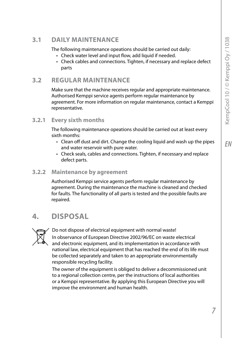 Disposal, 1 daily maintenance, 2 regular maintenance | Kemppi KempCool 10 User Manual | Page 9 / 12