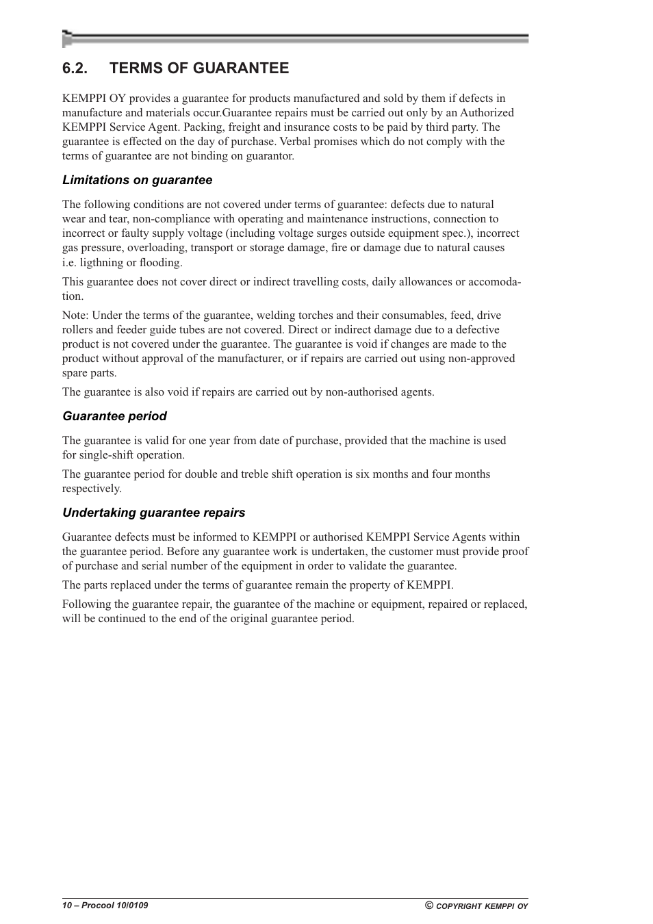 Terms of guarantee | Kemppi Procool 10 User Manual | Page 10 / 11