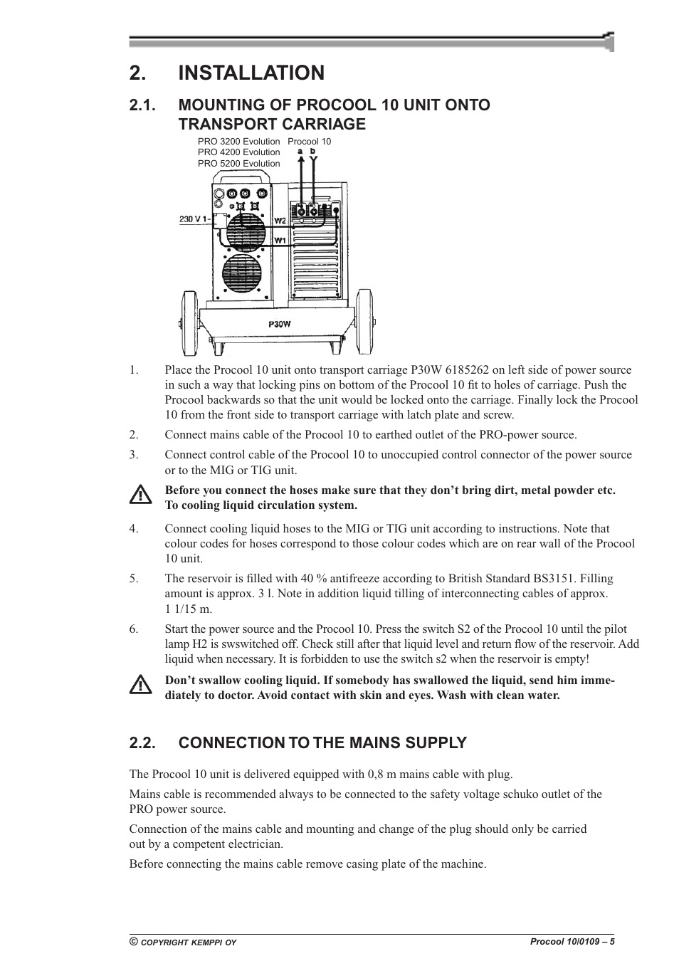 Installation, Connection to the mains supply | Kemppi Procool 10 User Manual | Page 5 / 11