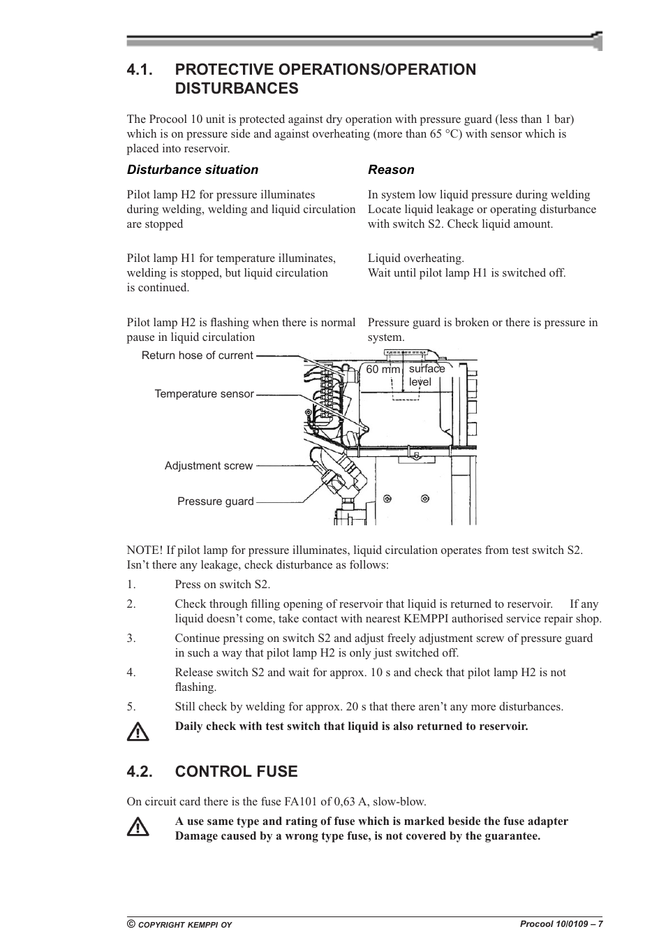 Protective operations/operation disturbances, Control fuse | Kemppi Procool 10 User Manual | Page 7 / 11