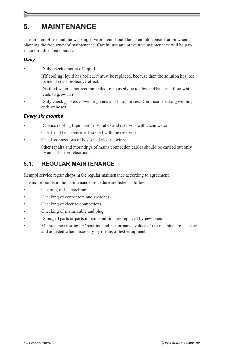 Maintenance, Regular maintenance | Kemppi Procool 10 User Manual | Page 8 / 11