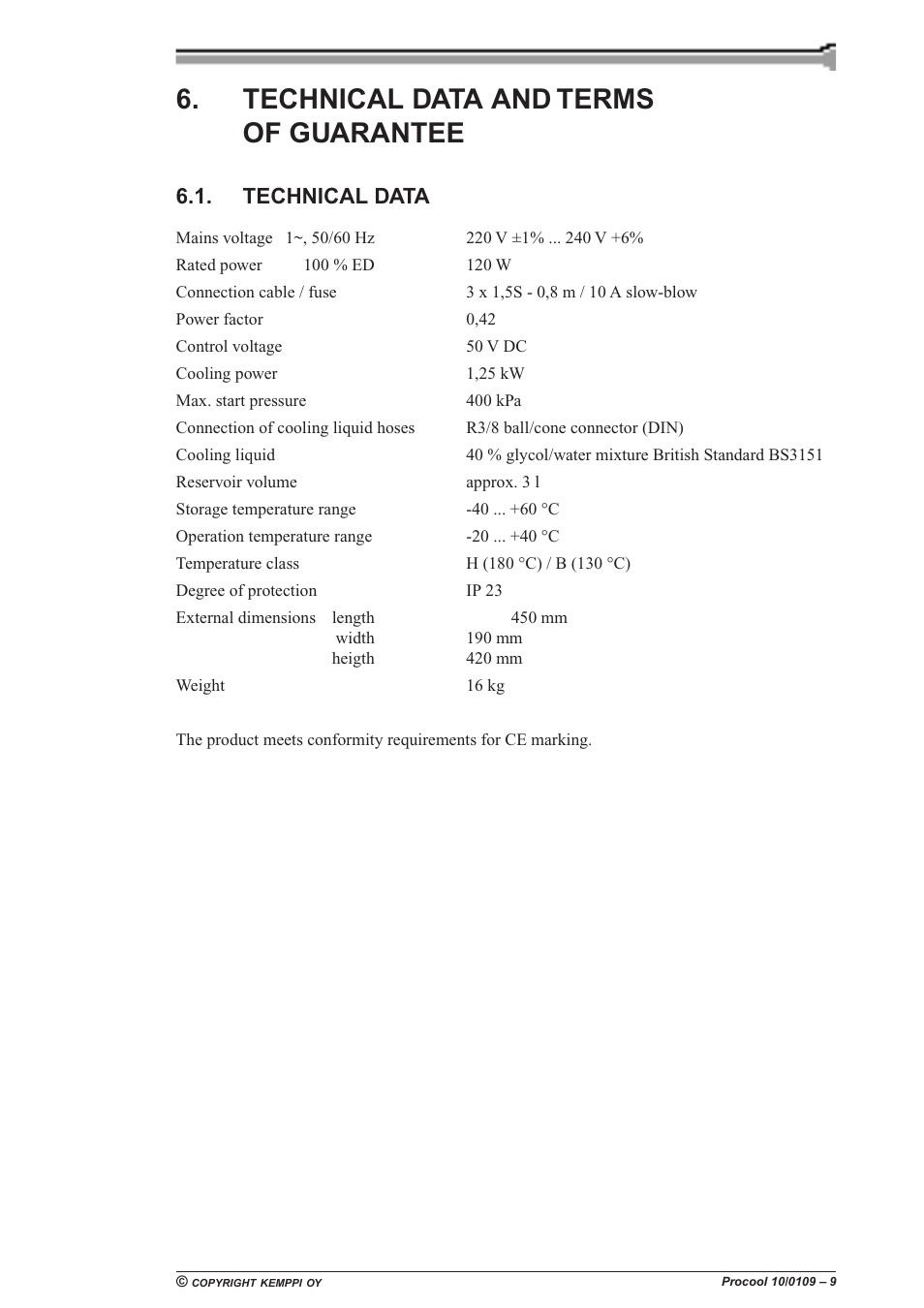 Technical data and terms of guarantee, Technical data | Kemppi Procool 10 User Manual | Page 9 / 11
