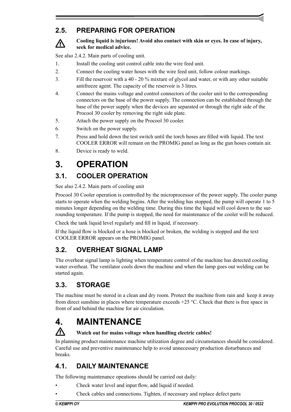 Operation, Maintenance, Preparing for operation | Cooler operation, Overheat signal lamp, Storage, Daily maintenance | Kemppi Procool 30 User Manual | Page 5 / 9