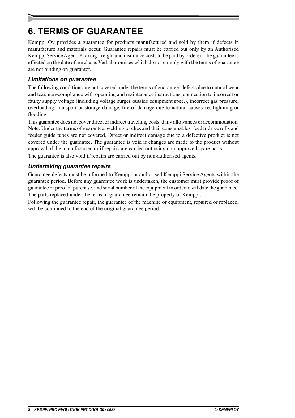 Terms of guarantee | Kemppi Procool 30 User Manual | Page 8 / 9