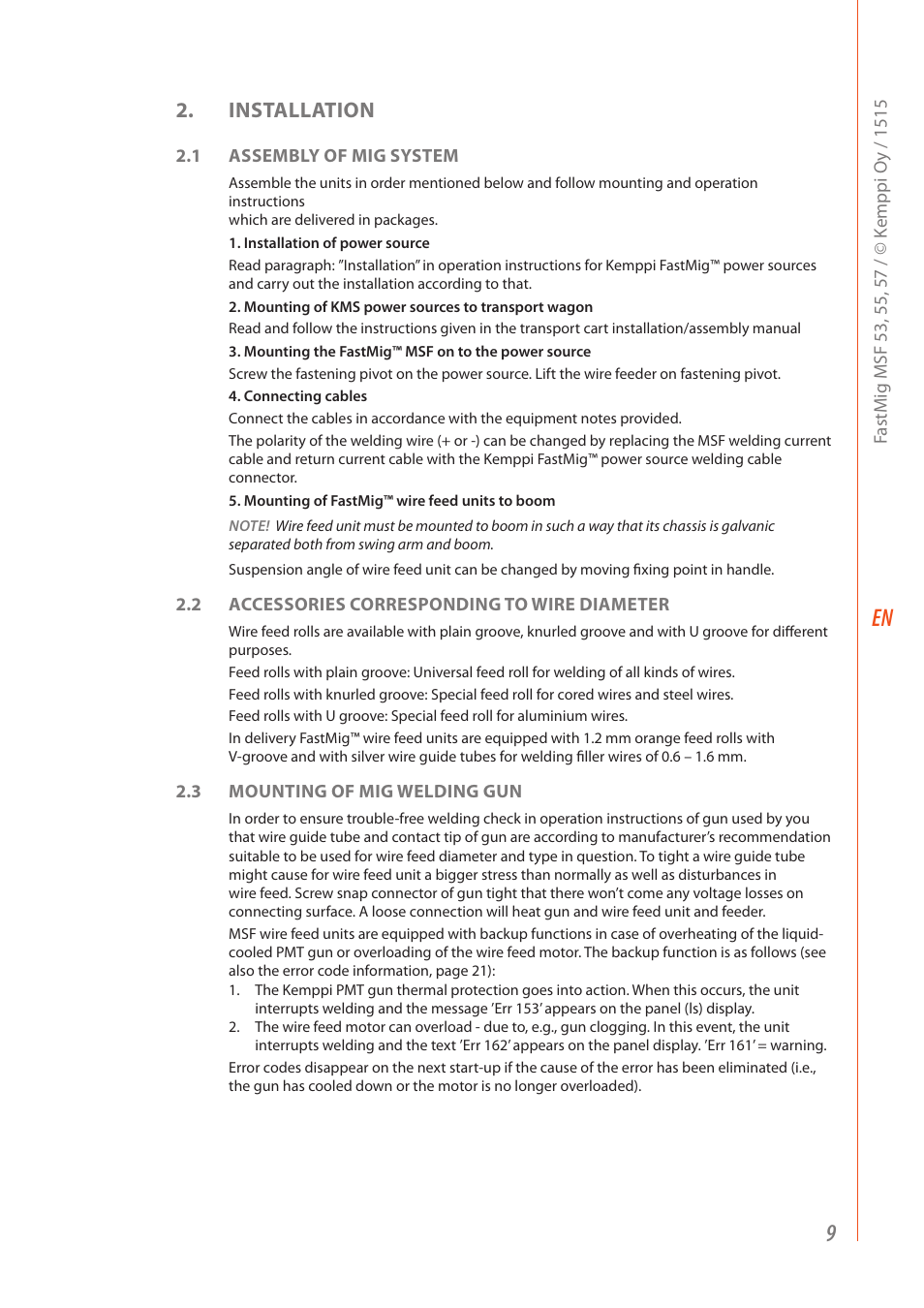 Installation | Kemppi MSF 53 User Manual | Page 11 / 32