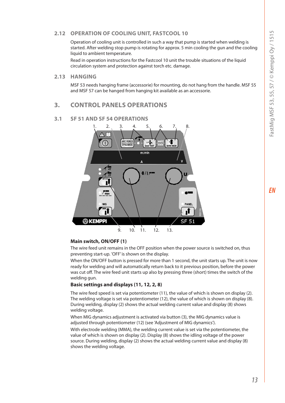 Control panels operations | Kemppi MSF 53 User Manual | Page 15 / 32