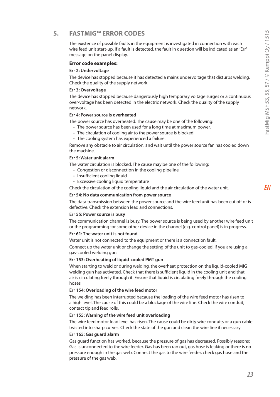 Fastmig™ error codes | Kemppi MSF 53 User Manual | Page 25 / 32