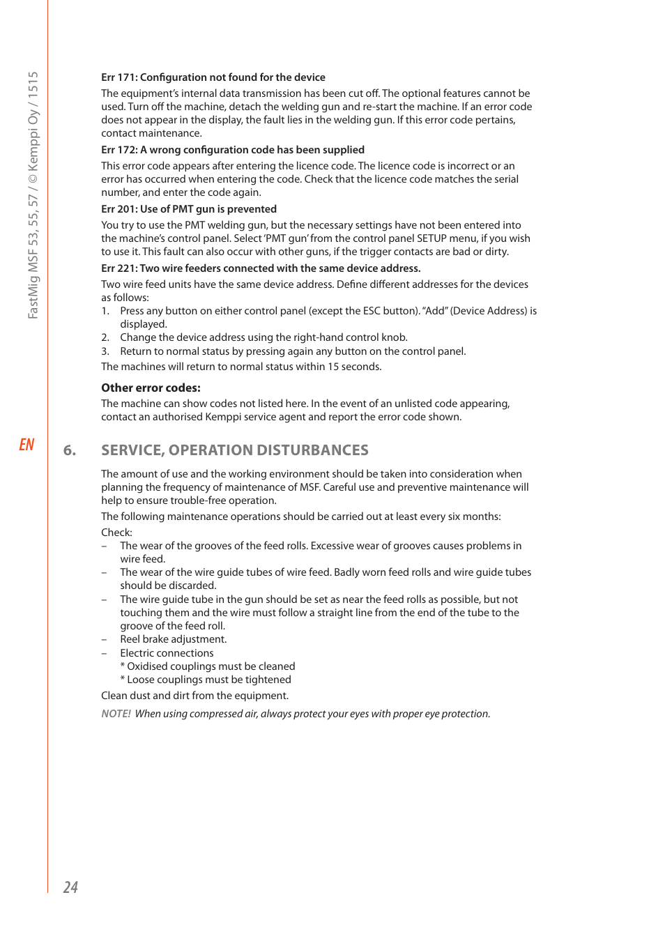 Service, operation disturbances | Kemppi MSF 53 User Manual | Page 26 / 32