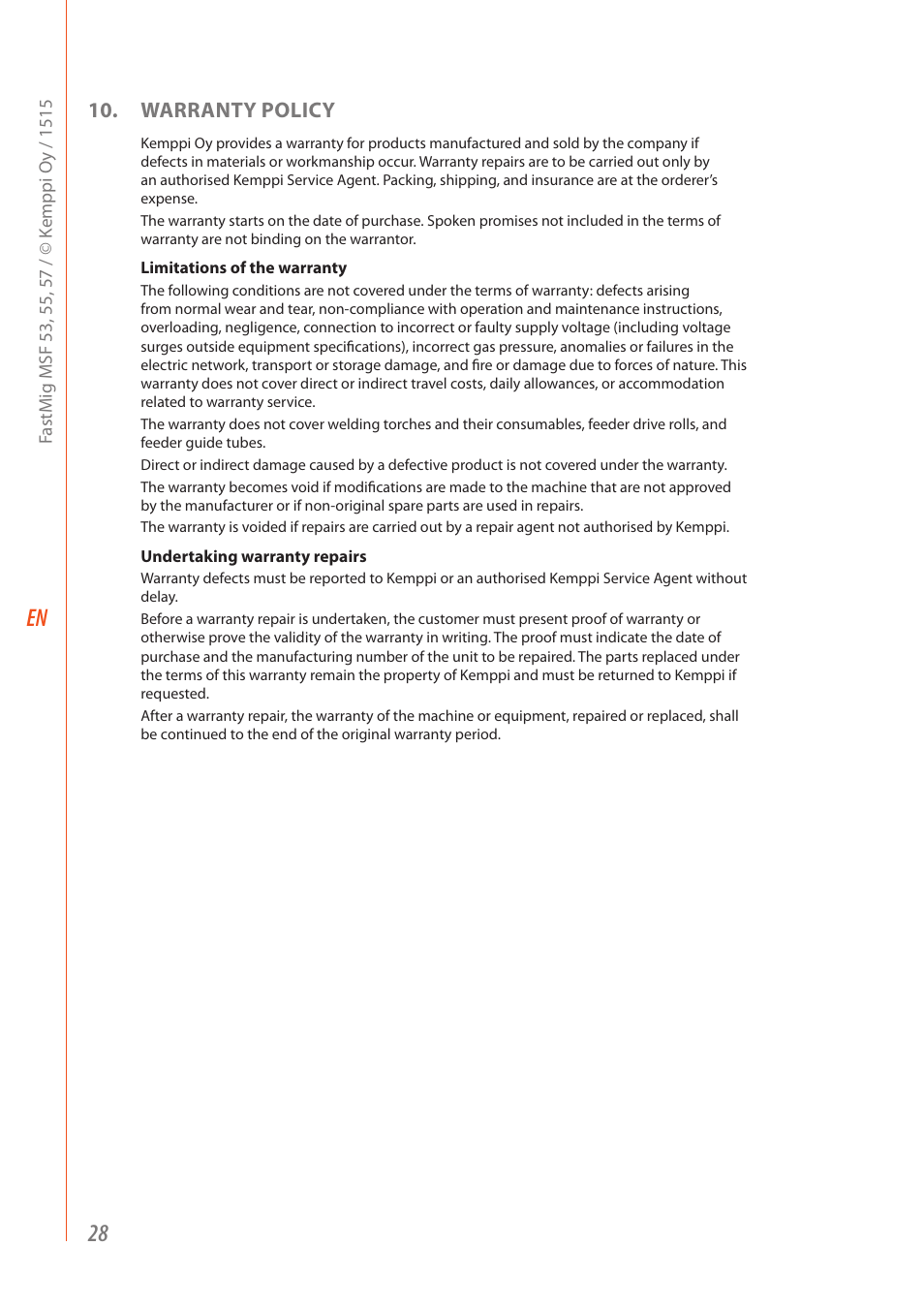 Warranty policy | Kemppi MSF 53 User Manual | Page 30 / 32