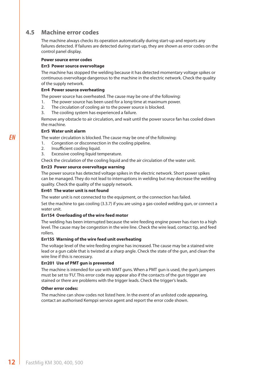 5 machine error codes | Kemppi KM 300 User Manual | Page 14 / 18