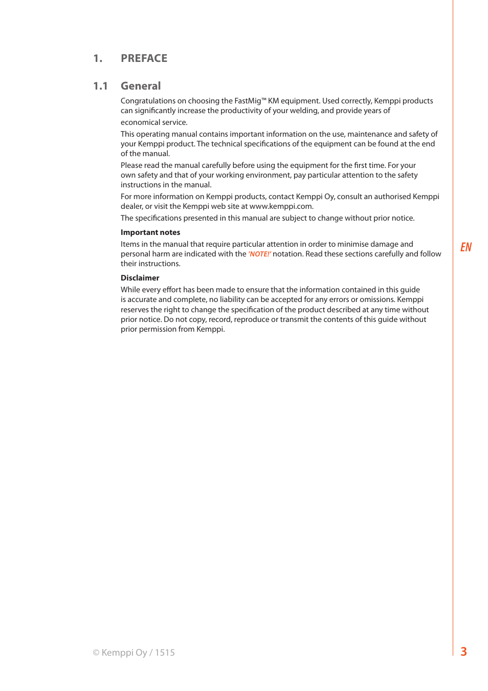 Preface 1.1 general | Kemppi KM 300 User Manual | Page 5 / 18