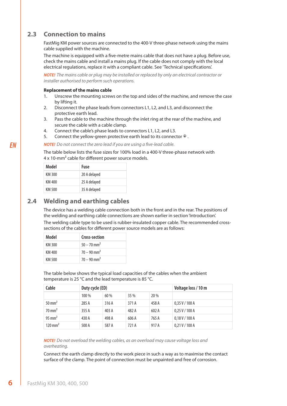 3 connection to mains, 4 welding and earthing cables | Kemppi KM 300 User Manual | Page 8 / 18