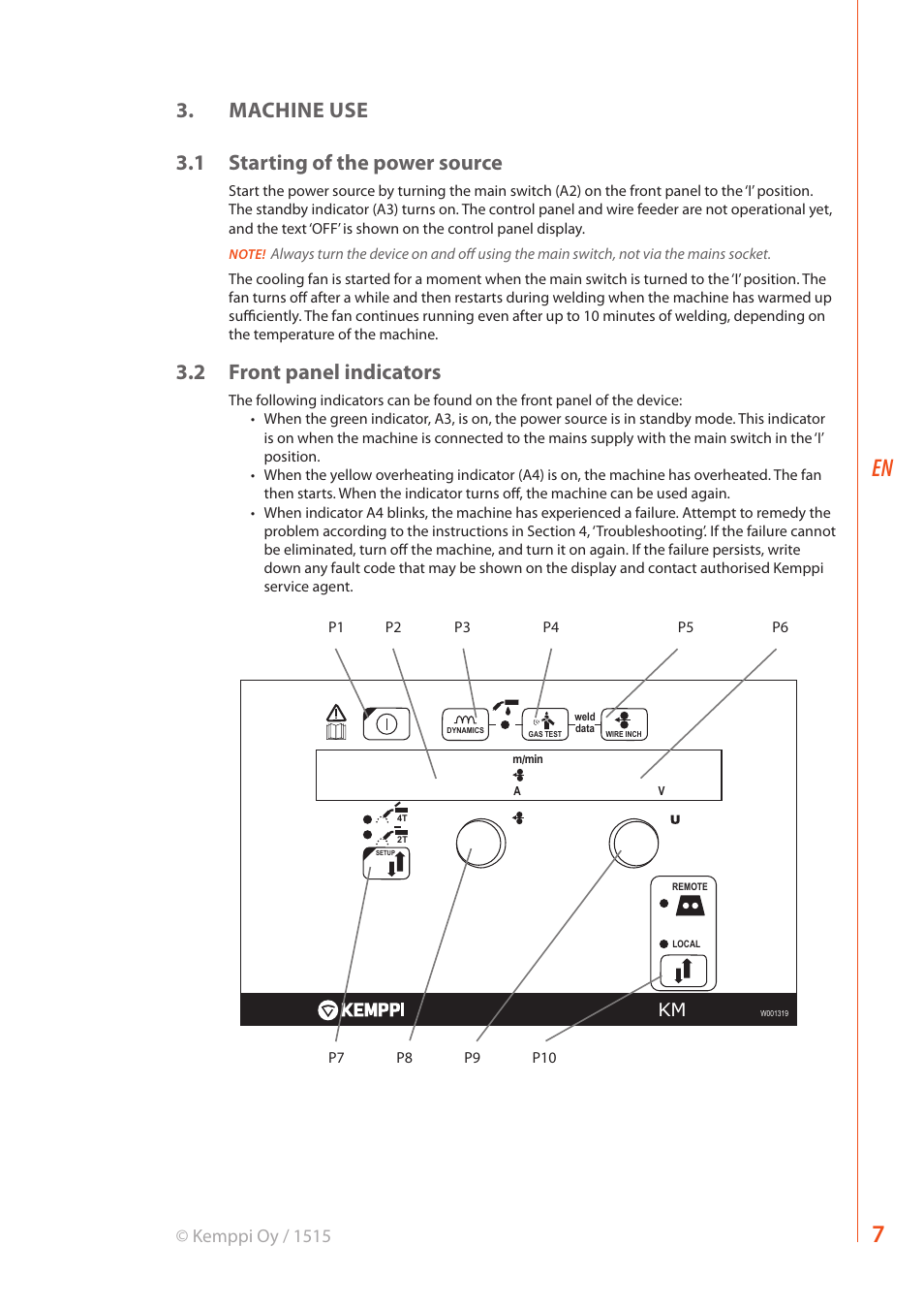 Machine use 3.1 starting of the power source, 2 front panel indicators, Kemppi oy / 1515 | Kemppi KM 300 User Manual | Page 9 / 18