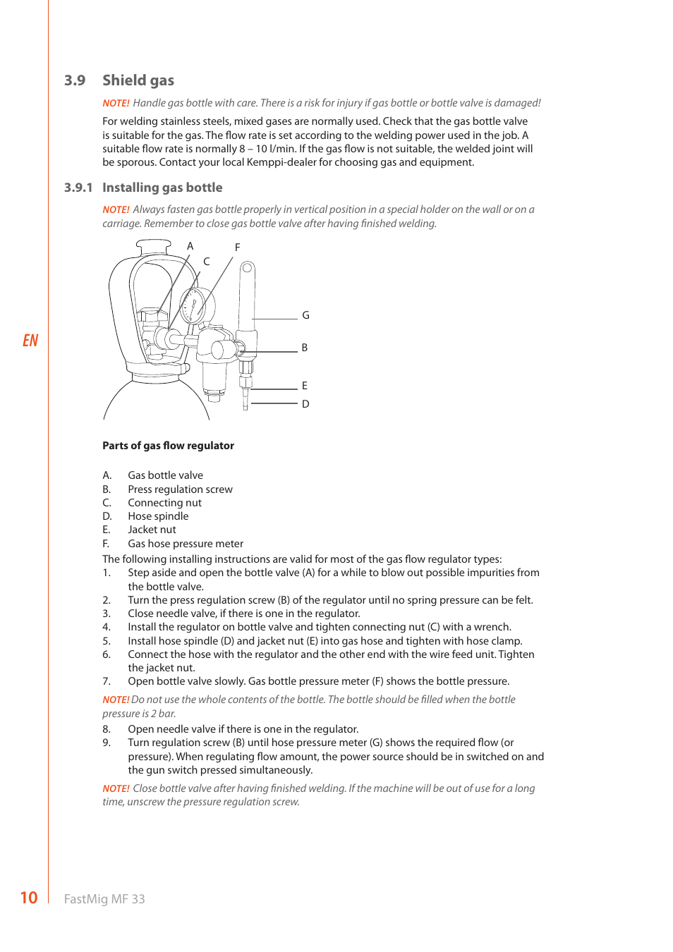 9 shield gas | Kemppi MF 33 User Manual | Page 12 / 16