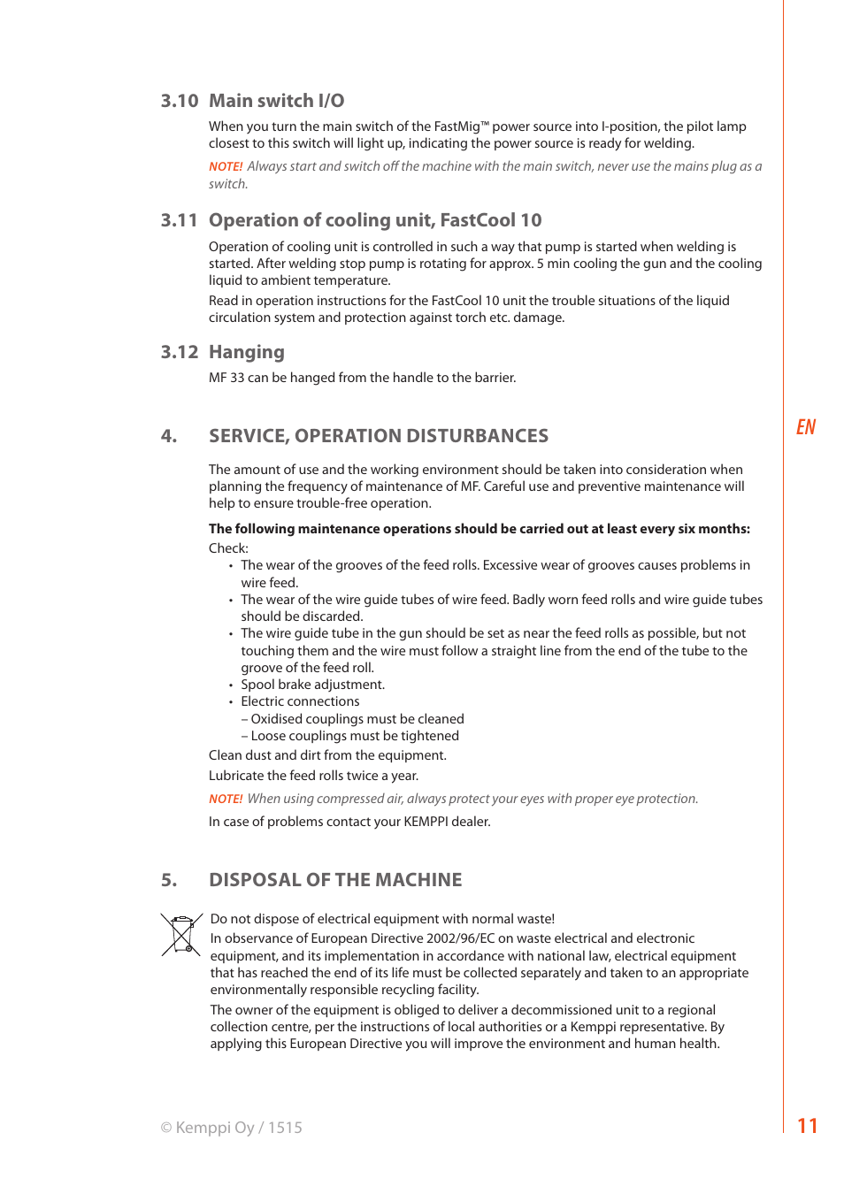 10 main switch i/o, 11 operation of cooling unit, fastcool 10, 12 hanging | Service, operation disturbances, Disposal of the machine | Kemppi MF 33 User Manual | Page 13 / 16