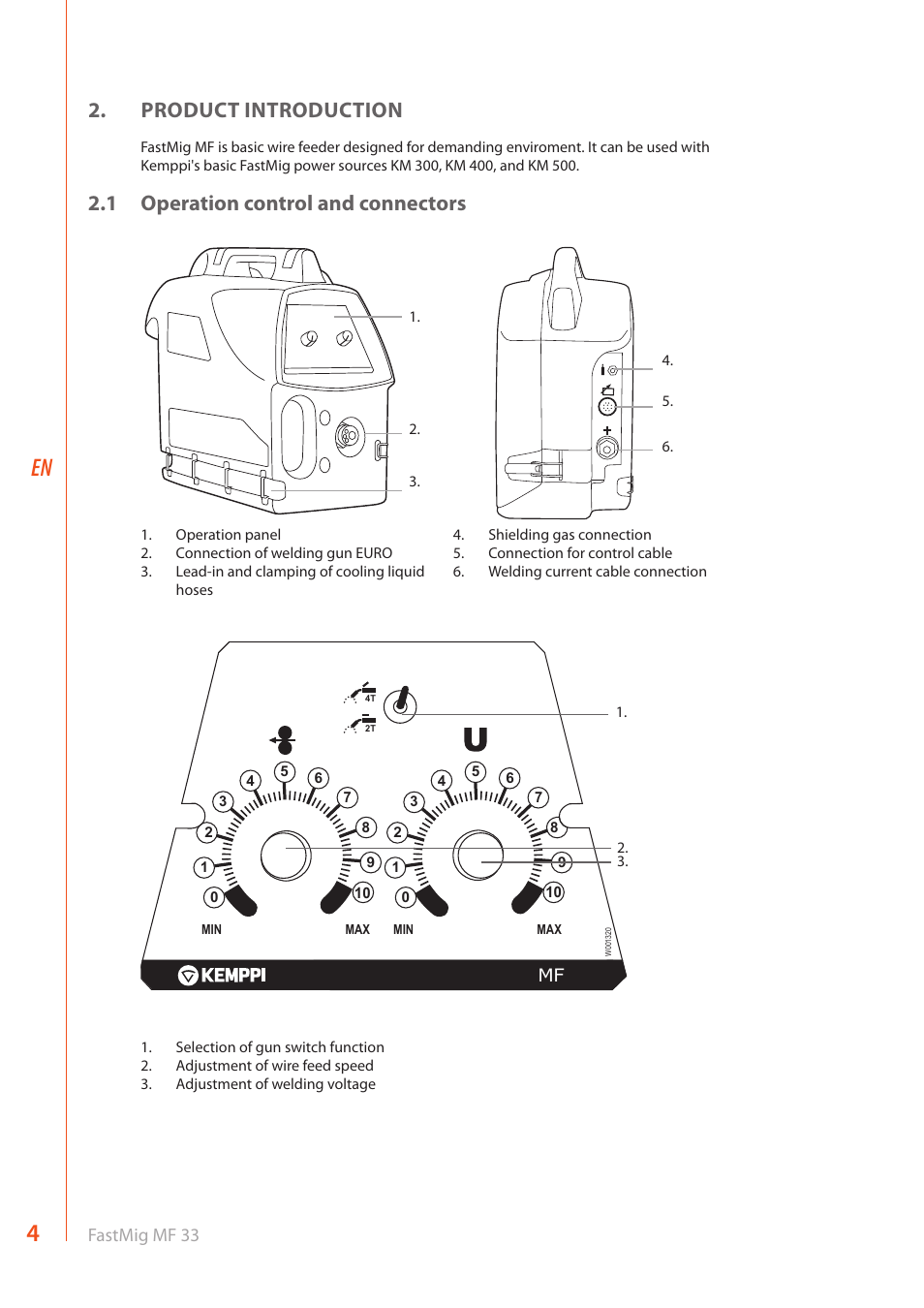 Product introduction, 1 operation control and connectors | Kemppi MF 33 User Manual | Page 6 / 16