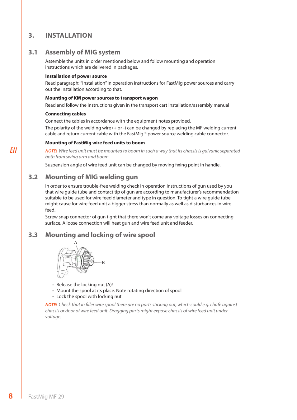 Installation 3.1 assembly of mig system, 2 mounting of mig welding gun, 3 mounting and locking of wire spool | Kemppi MF 29 User Manual | Page 10 / 18